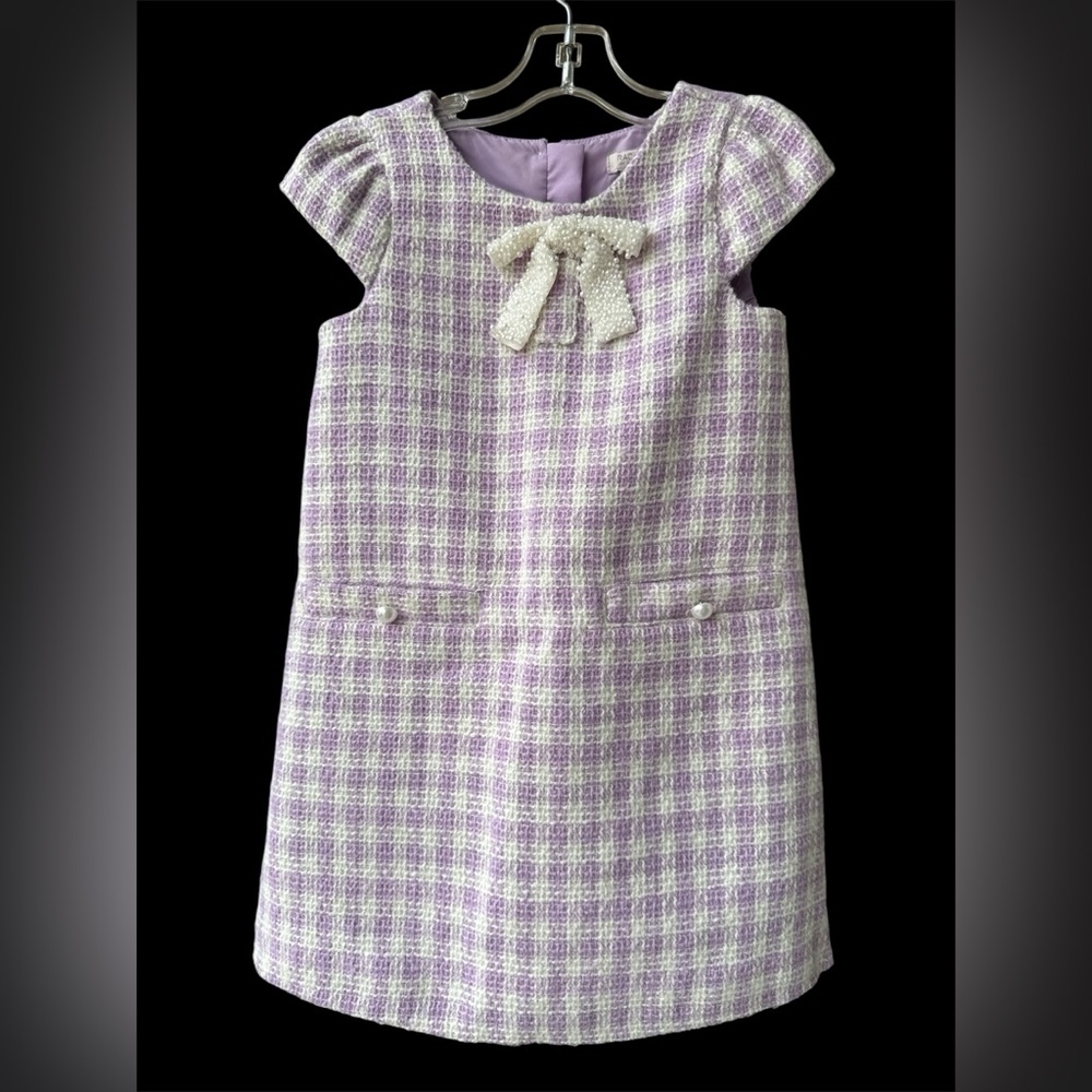 Rachel Zoe Girls Size 5 Purple Ivory Tweed Plaid Dress Pearl Beaded Bow